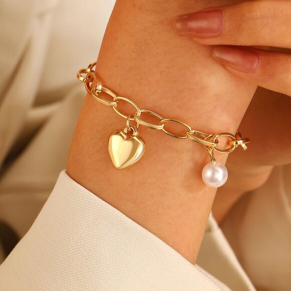 3/$35 Gold Plated Heart Charm Bracelet with Pearl Dainty Chain Link Jewelry - Picture 1 of 6